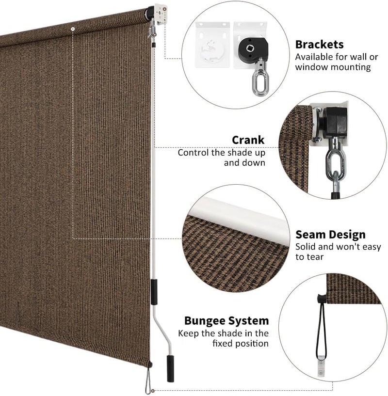 SMONTER Outdoor Sunshade Roller Shade 8'W x 6'H (96" Wx72 H), Exterior Cordless Roll Up Shades Blinds, UV Protection Shade Cloth with Crank Operation for Outside Windows Patio Porch Gazebo, Mocha - Image 4